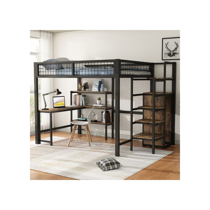 Hochbett - MUVOE - 140x200 cm - Schwarzes Metall - Integrierter Schreibtisch - Aufbewahrungsregale