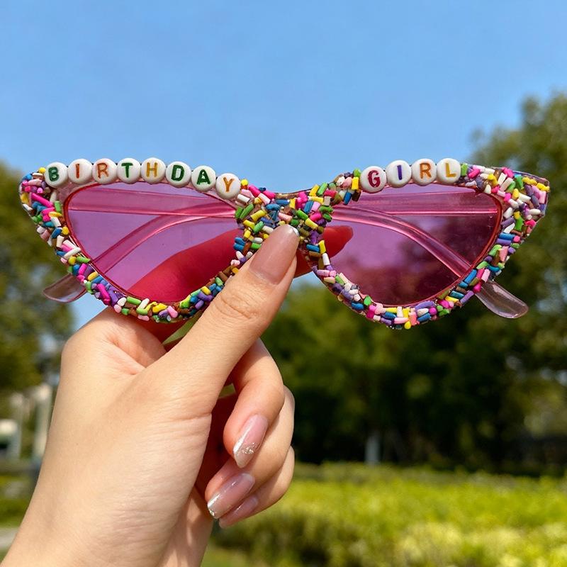 2026 Birthday Girl Sunglasses Cat Eye Frame Candy Sprinkle Embellished UV Blocking Party Sun Glasses Eyewear KJ220