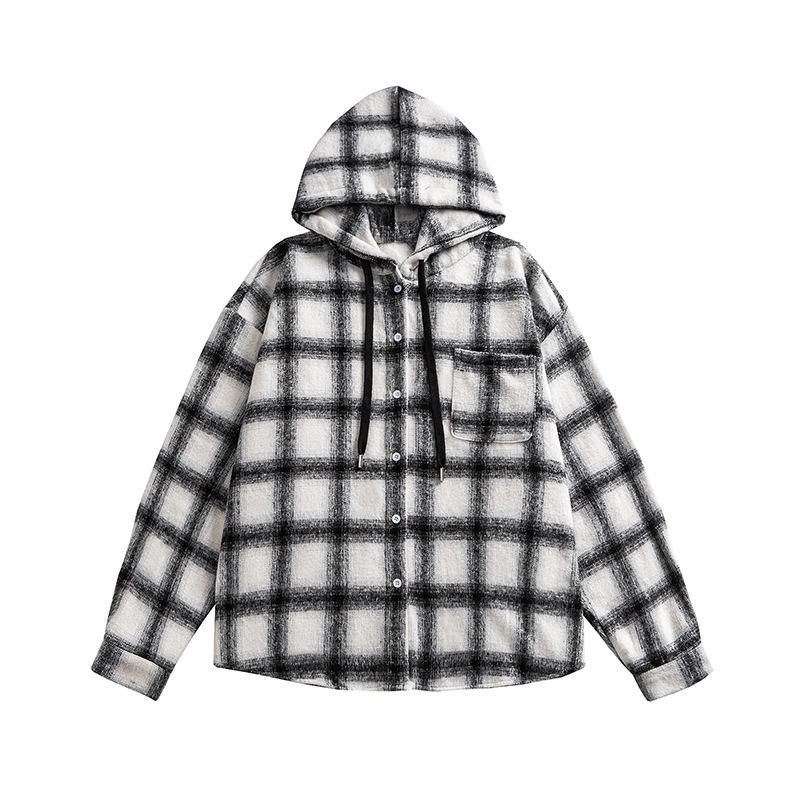 New Men's Hooded Plaid Shirt Loose Jacket for Men and Women Versatile Plaid Jacket for Men and Women