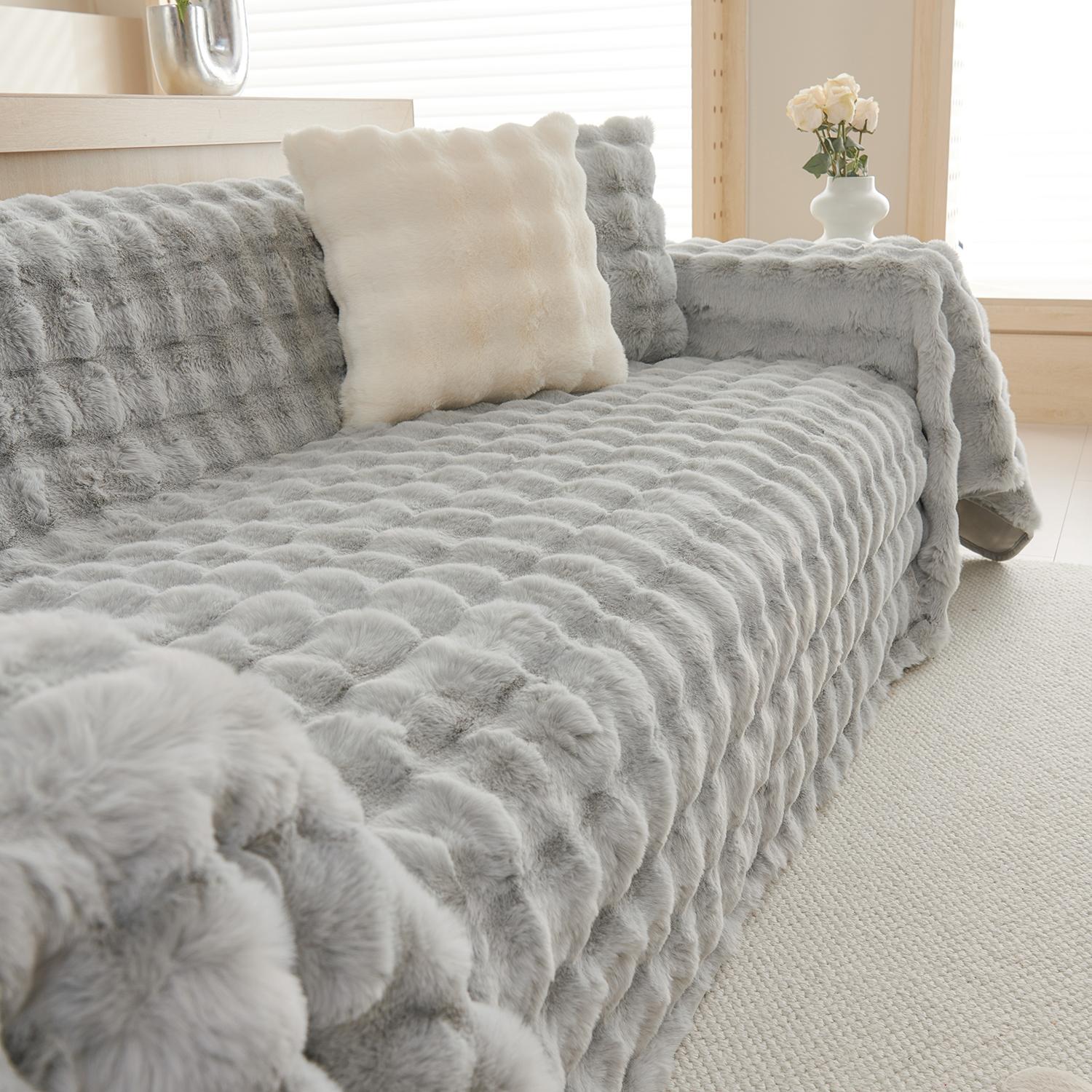 

Зимнее мягкое и удобное плюшевое полотенце для дивана с кроликом и пузырьками, простое современное однотонное универсальное полотенце для дивана 180*420 светло-серый