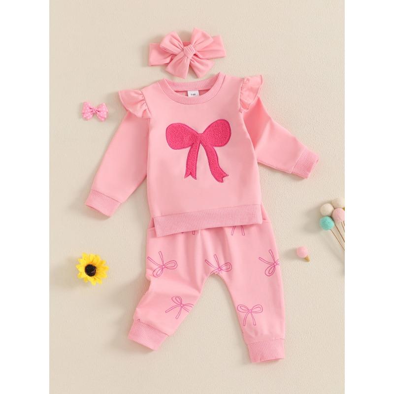 

Toddler Girls 3pcs Casual Cotton-Blend Knit Outfit - Long Sleeve Bow Print Sweatshirt, Cozy Pants & Matching Headband Set 100cm розовый