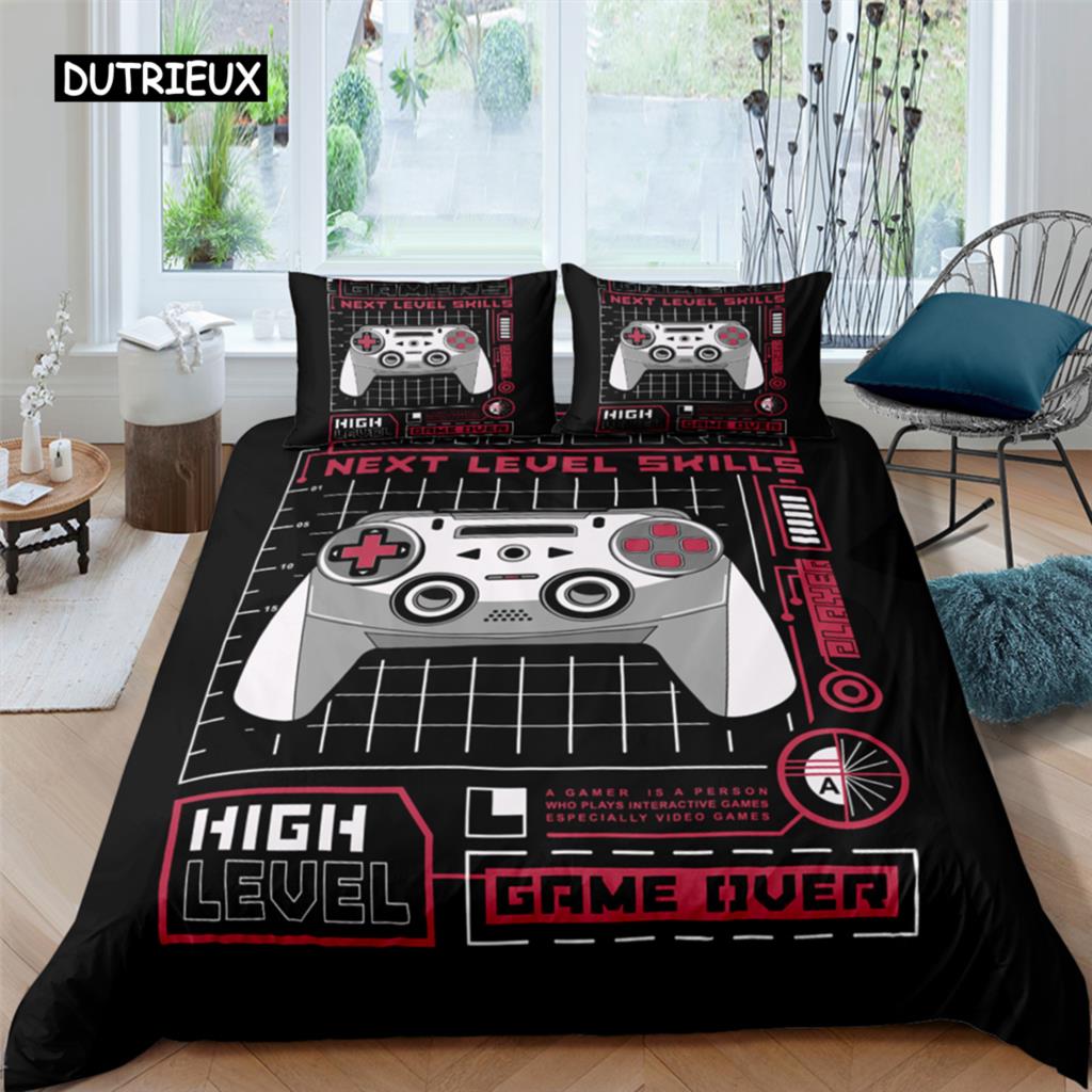 Set de lenjerie de pat cu gamepad, mărime queen, husă de plapumă neagră creativă, set husă de plapumă din poliester, lenjerie de pat 2/3 piese