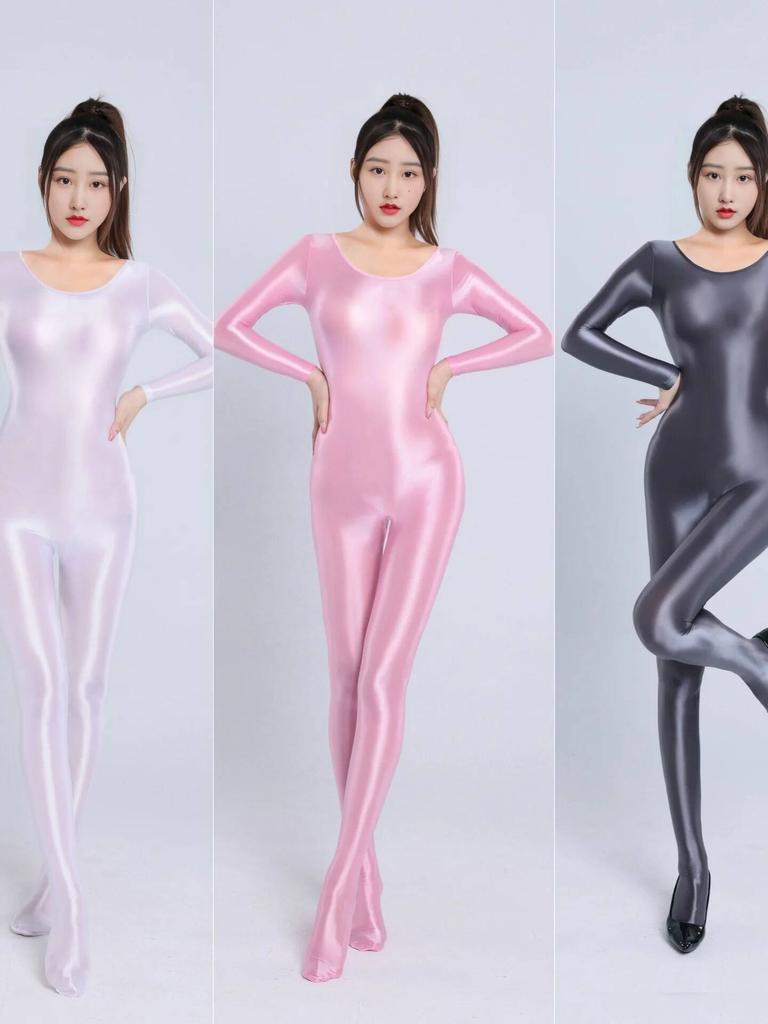 High Elasticity Plus Size Unisex Full Body Bodysuit Shiny Smooth Glossy Sexy Transparent Smooth Women Rompers Q0Gs
