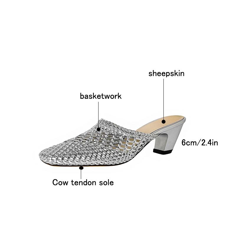 Fashion Women's new genuine leather sheepskin woven square toe summer breathable toe high heels thick heels Mueller slippers