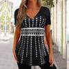 Vintage V-neck Women's T-shirt Summer Outdoor Casual Short Sleeve Tops Fashion Black Stripe Printing OverSize Clothing