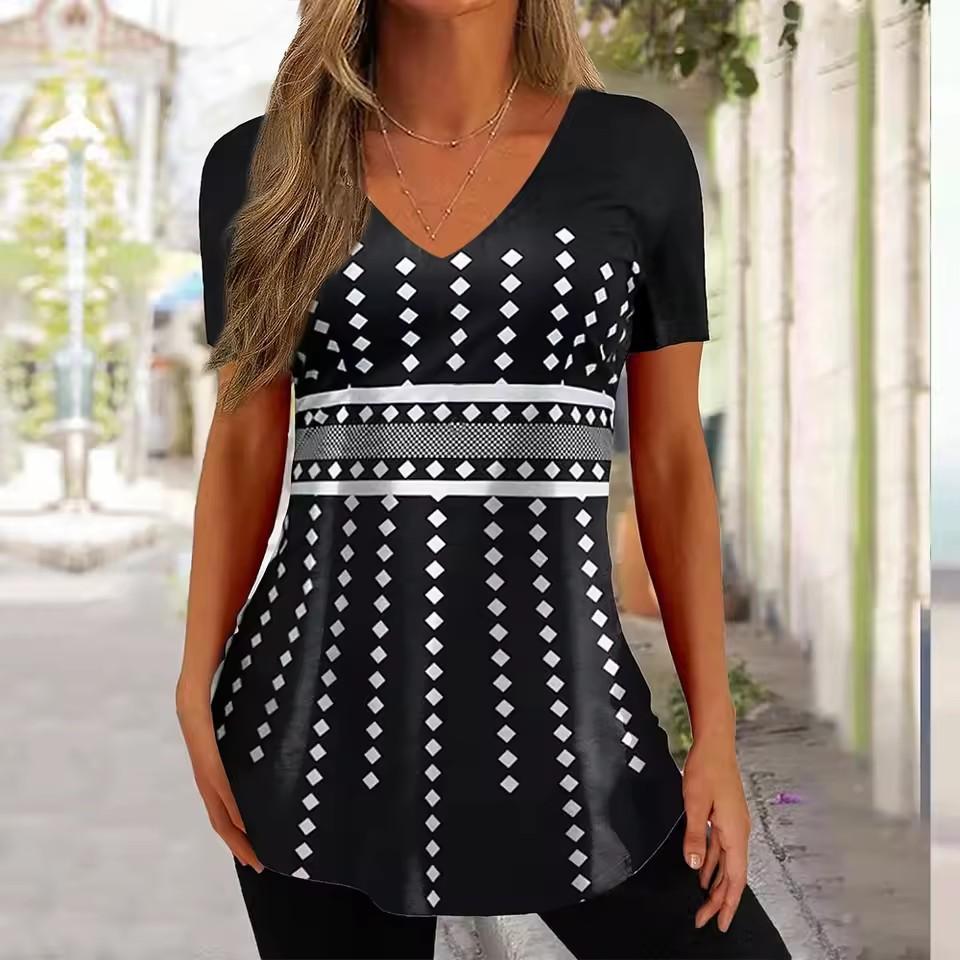 Vintage V-neck Women's T-shirt Summer Outdoor Casual Short Sleeve Tops Fashion Black Stripe Printing OverSize Clothing