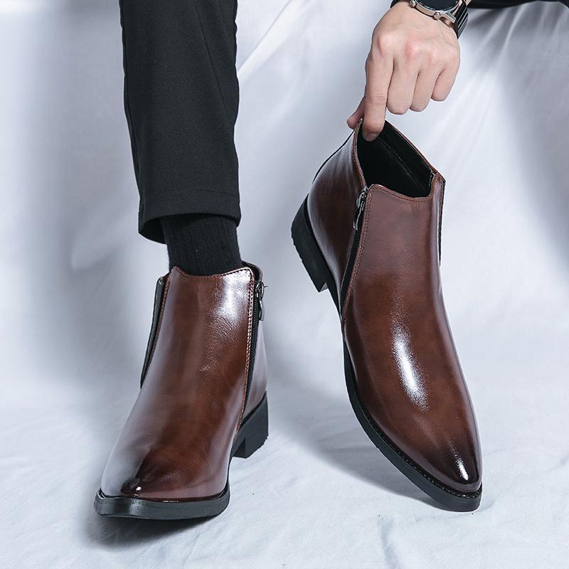 Stivali da uomo taglie forti stile coreano a metà polpaccio: Stivali Martin Formali in Pelle Autunno/Inverno a Punta, con Zip Laterale, Slip-On, Alti.