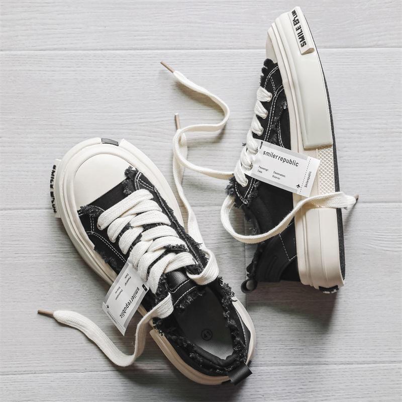 Herren Schwarze Sommer Canvas Plateau Sneaker: Atmungsaktive, höhenerhöhende, lässige Schuhe im amerikanischen Stil für Studenten