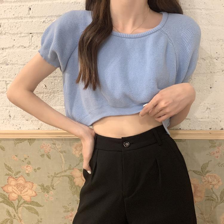 Lockeres Rundhals Kurzteil Nabel Strickshirt Damen Sommer Slim Dünnes Teil Kurzarm T-Shirt Tops Lässig Essentiell Slim Fit Pullover T-Shirts