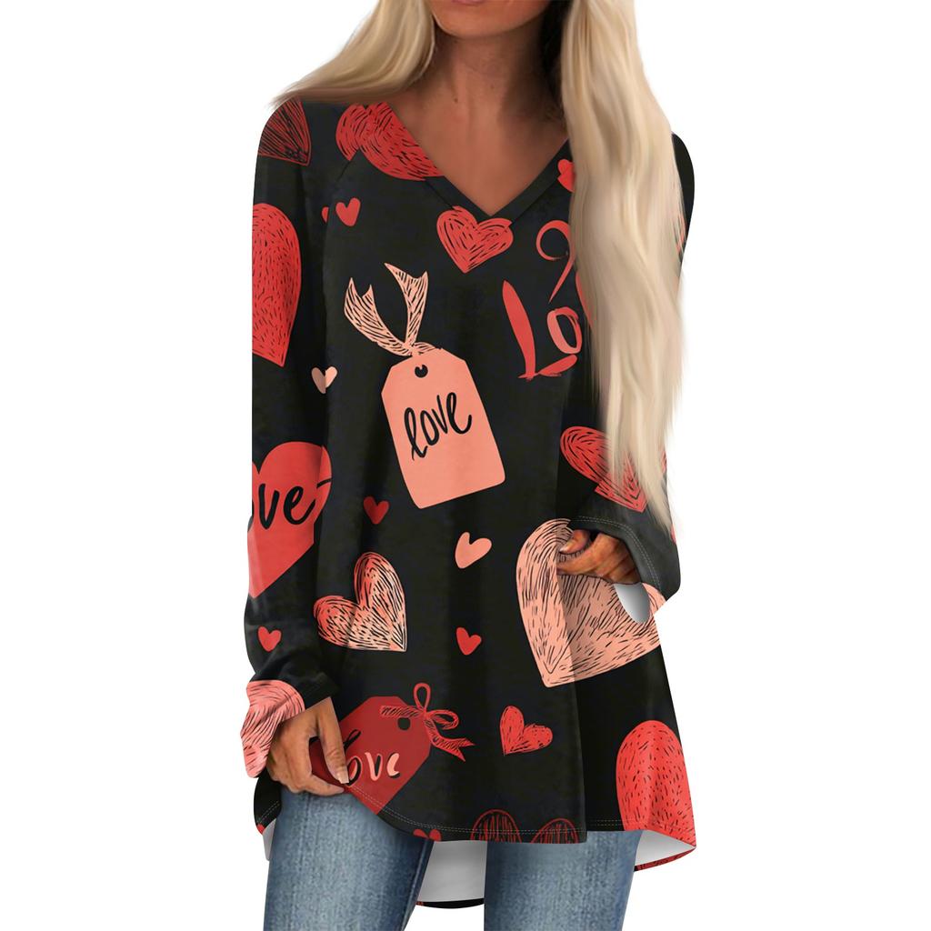 Women's Fashionable Casual Long-Sleeved Valentine's Day Print V-Neck Mid-Length Top