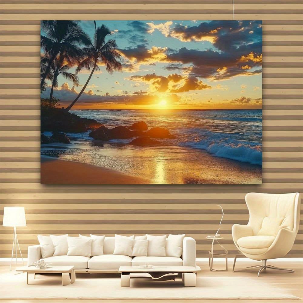 2D Flat Banner, Set of 1, Sunset Beach Scene Tapestry - Colorful Tropical Style Wall Decoration