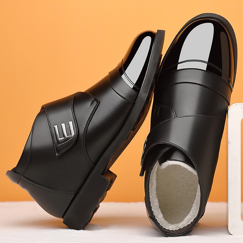 Men s High-Top Velcro Leather Snow Boots: Winter Velvet Lined, Thickened, Trendy, Warm, Outdoor Martin Style. 40