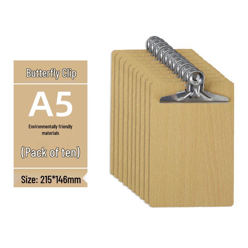 Zestaw 5 drewnianych podkładek z uchwytem na długopis, blokiem do pisania A4/A5 i teczką 16K - idealny do przyjmowania zamówień w restauracji i robienia notatek.