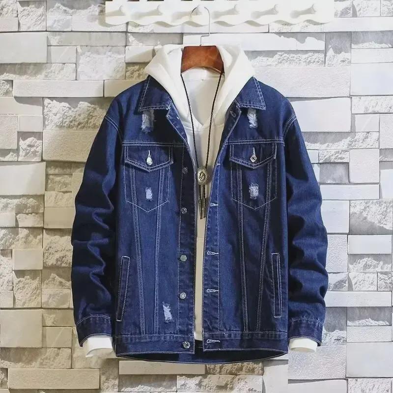 Men's Autumn Korean Style Light Ripped Denim Baseball Jacket - Trendy Washed Workwear for Spring and Autumn.