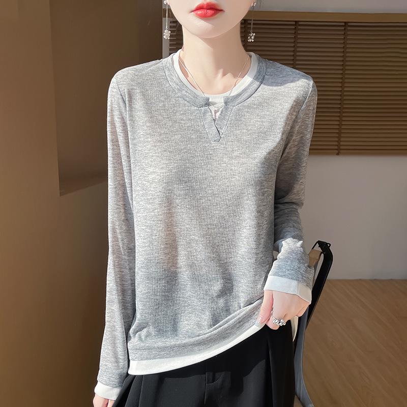 Women's Faux Two-Piece Color Block Knit Top with Round Neck and Long Sleeves - Spring Collection