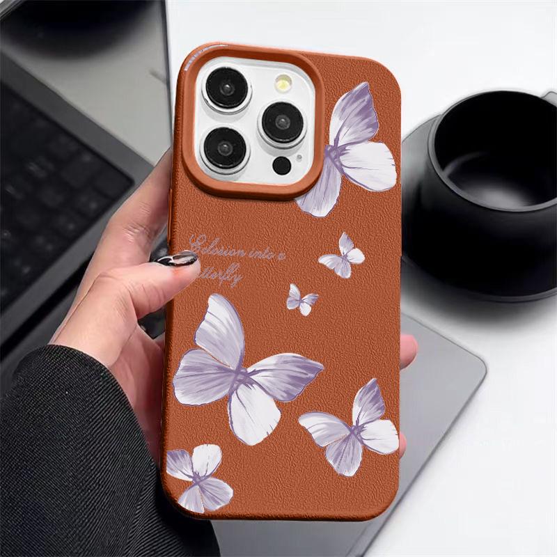 Color Butterfly Pattern Leather Texture Phone Case for iPhone 16 Pro 15 14 13 12 Pro Max Shockproof Matte Slim Plain Color Tpu Soft Anti-Fall Cover
