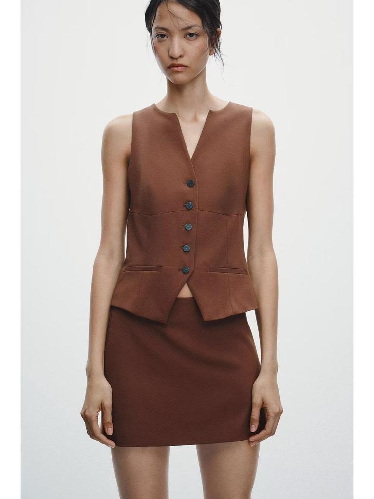 2025 Spring V-Neck Sleeveless Vest Top + A-Line Midi Skirt: European & American Style