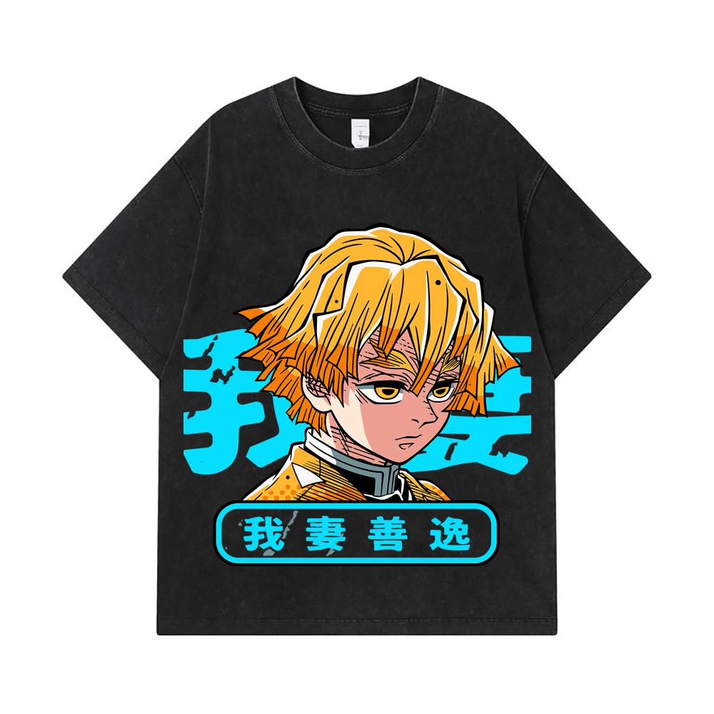 275 GSM Washed T-shirts 100% Cotton Demon Slayer V100 Zenitsu Print Unisex Heavy Cotton T Shirt