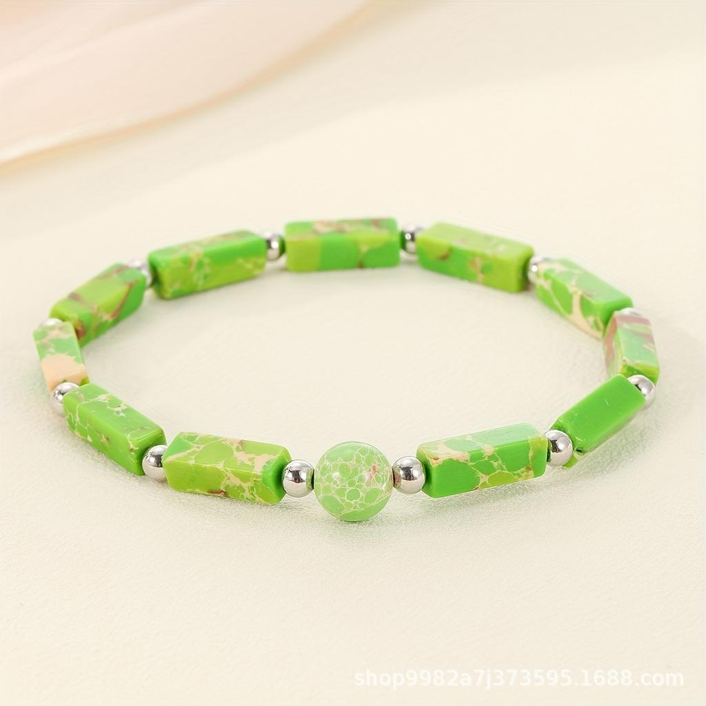 Mixed Natural Stone Beaded Bracelet Set – Rectangle Round Bead Boho Jewelry, Colorful Healing Gift for Women