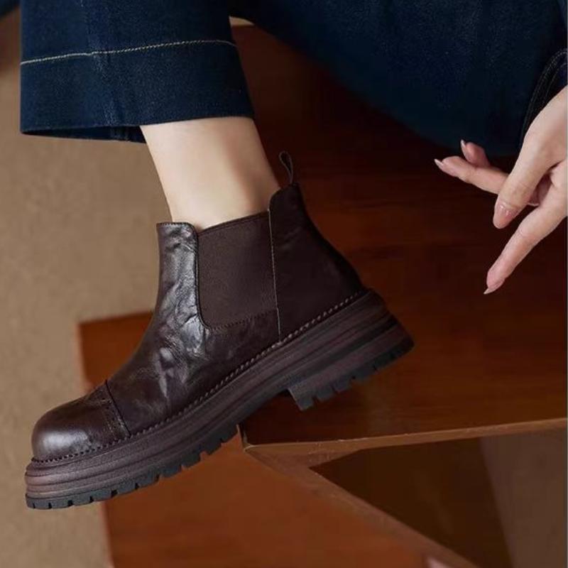 Fashion Vintage Sheep Leather Round Toe Winter Warm Chelsea Boots Med Heels Slip On Superstar European Designer Ankle Boots