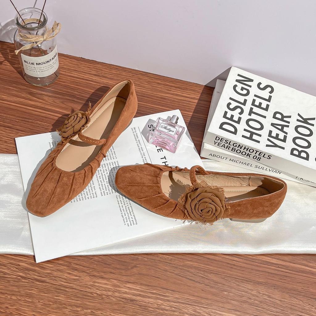 Yuanlitong autumn new camellia temperament single shoes women's retro style wrinkle sense word with soft sole flat shoes