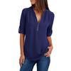 Plus Size Women Solid Color Loose Zipper V Neck Long Sleeve Chiffon Blouse Shirt