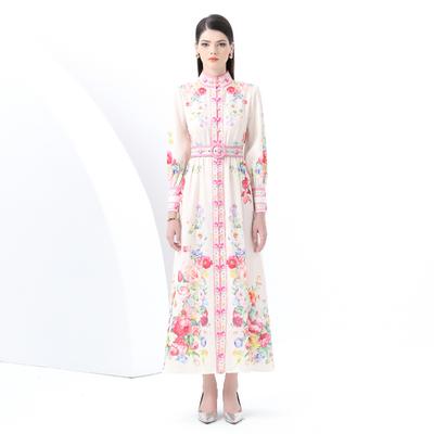 Frühling Sommer Damen Stehkragen Einreiher Retro Print Lange Maxi Partykleider mit Gürtel