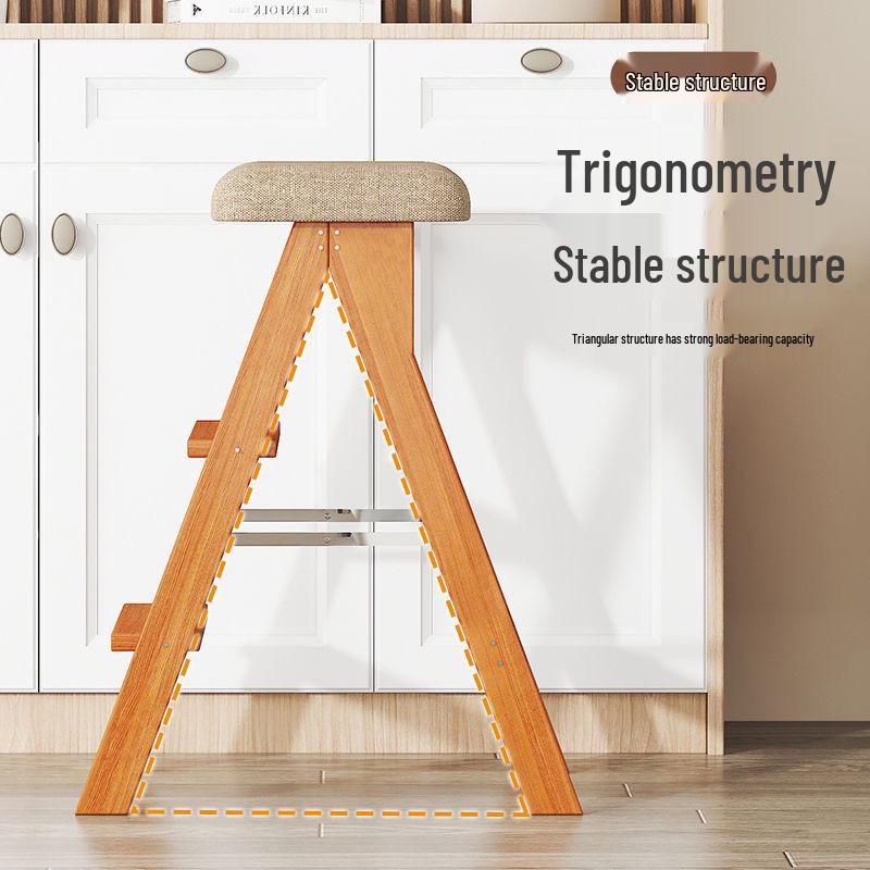 Three-Step Solid Wood Folding Ladder Stool: Multifunctional for Kitchen and Bar Use