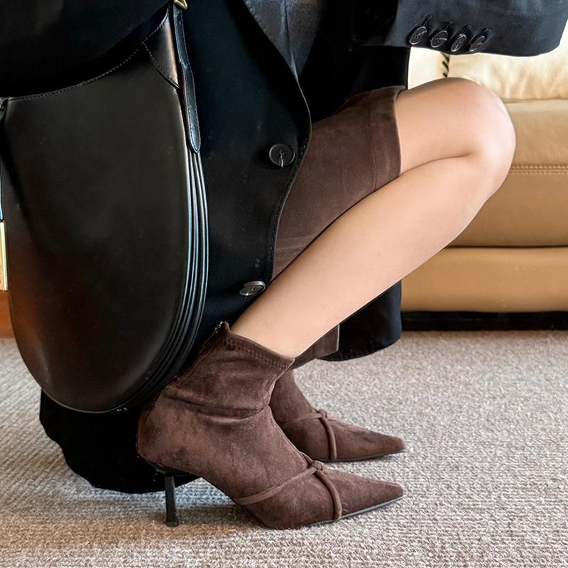 

Винтажные женские ботильоны Модные туфли на тонком высоком каблуке с острым носком для вечеринки, выпускного вечера, эластичные облегающие ботильоны для женщин 39