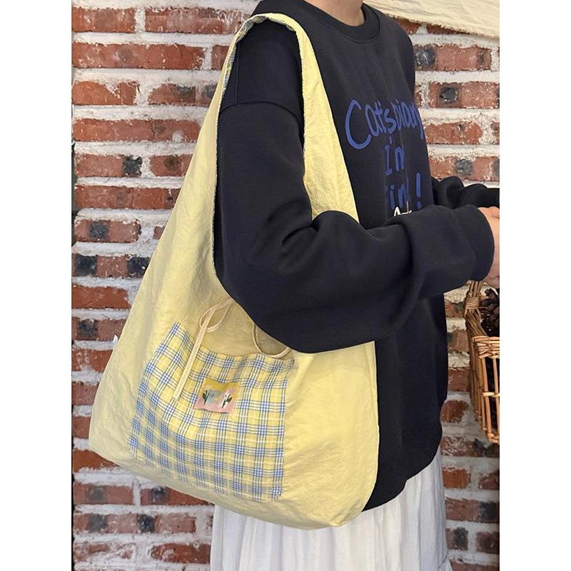 Korean small fresh double-sided plaid canvas bag casual large-capacity shoulder underarm bag college style tote bag