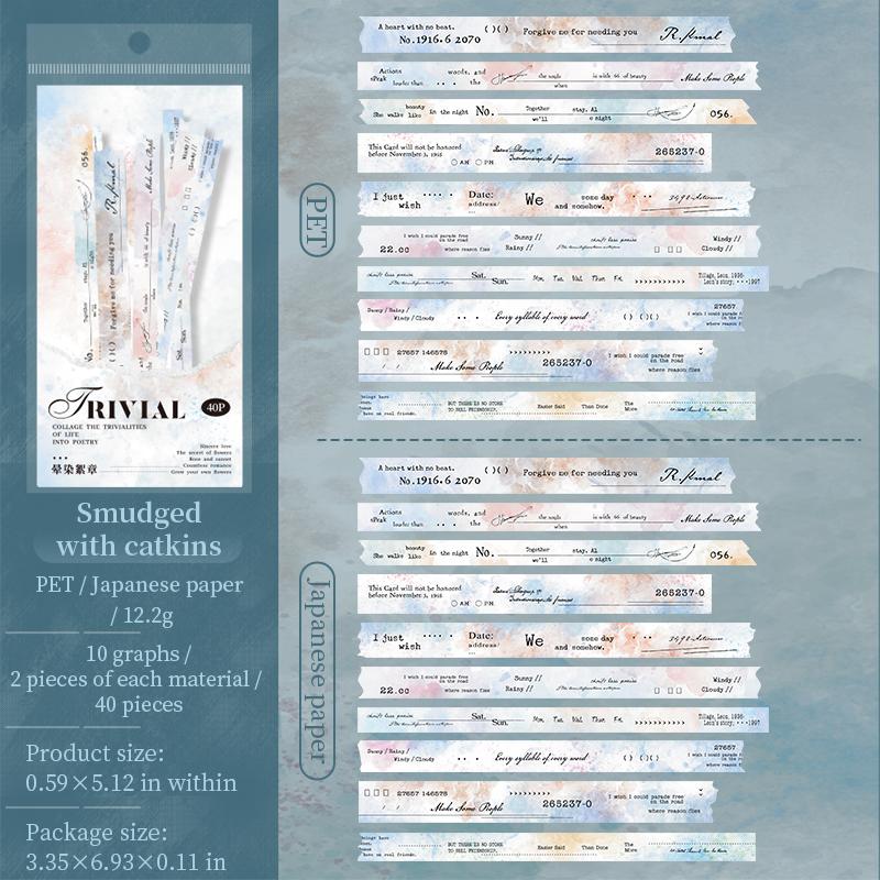 PET Washi Paper Dual Material Long Strip Sticker Bag Art Manuscript Text Pattern Sticker Creative Hand Account DIY Decoration