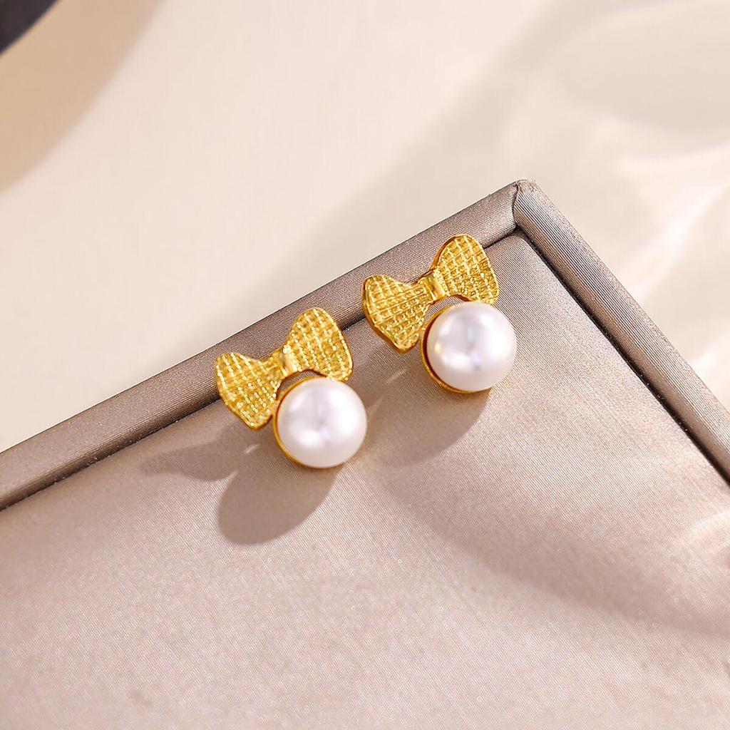 Cross Retro Pearl Temperament Earrings - 18K Gold Plated Stainless Steel with Diamond Inlaid Mother-of-Pearl Heart Bow Design