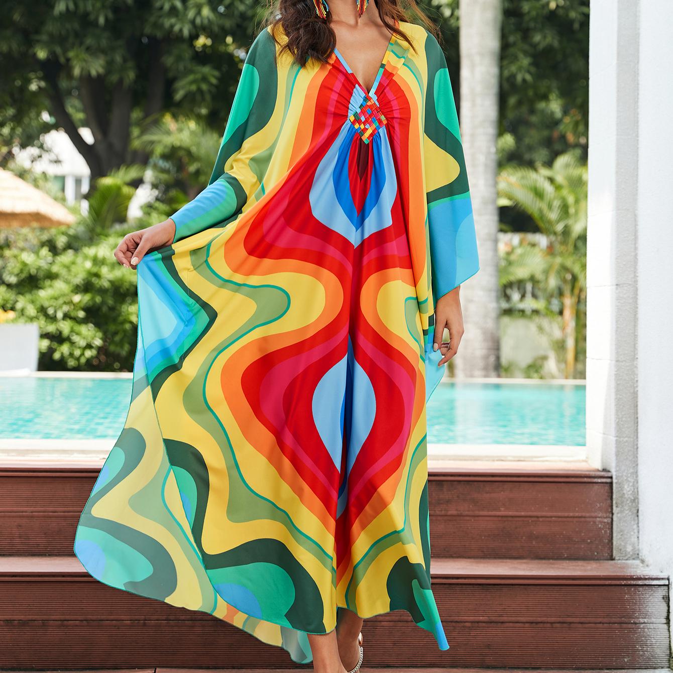 

Женская одежда в стиле бохо больших размеров, кафтаны с принтом листьев и растений, пляжная одежда, платье, саронг с разрезом, осенний купальный костюм, накидка Q1588 One Size