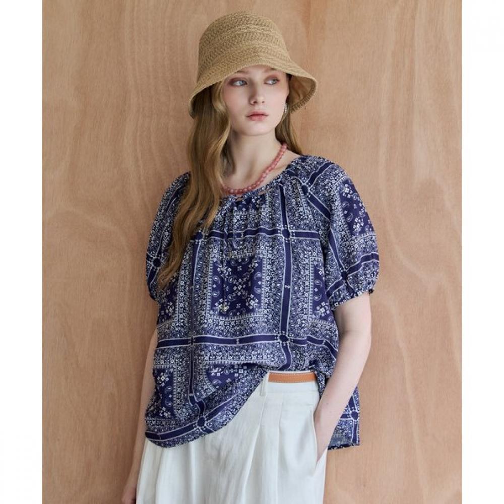 Maxza Paisley Flower Ribbon Puff Blouse