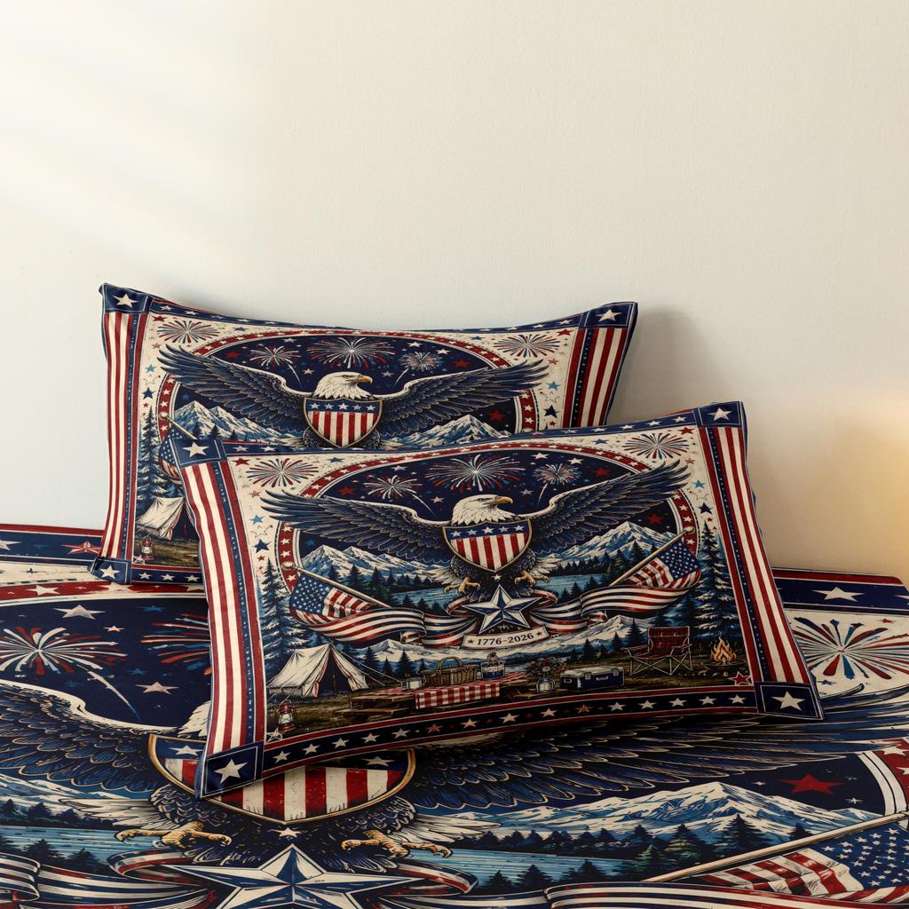 3Pcs Eagle Patriotic Camping Duvet Cover Set, Wilderness Mountain Tent Campfire US Flag Star Independence Day Printed Bedding