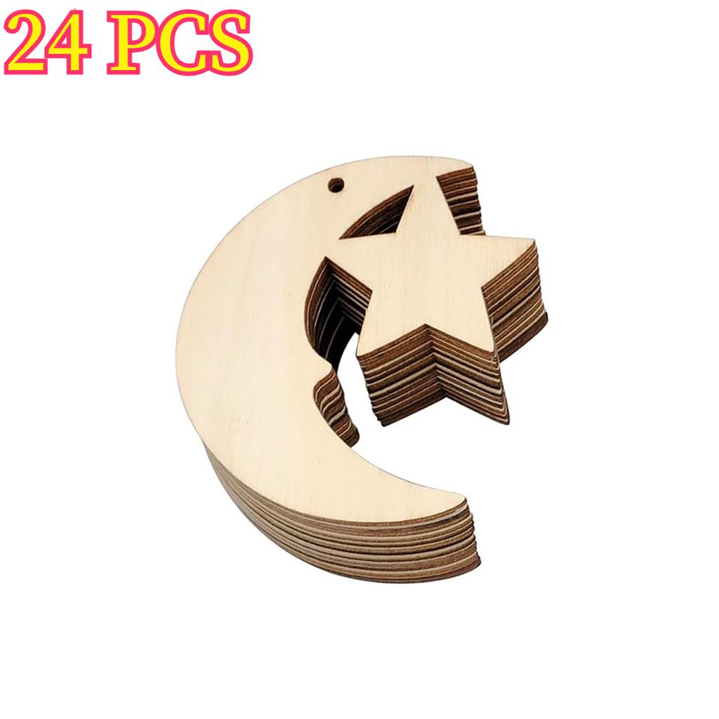 24/48 PCS Wooden Moon & Star Ornaments – DIY Hanging Decor with Hemp Rope for Wedding, Christmas, Birthday & Anniversary