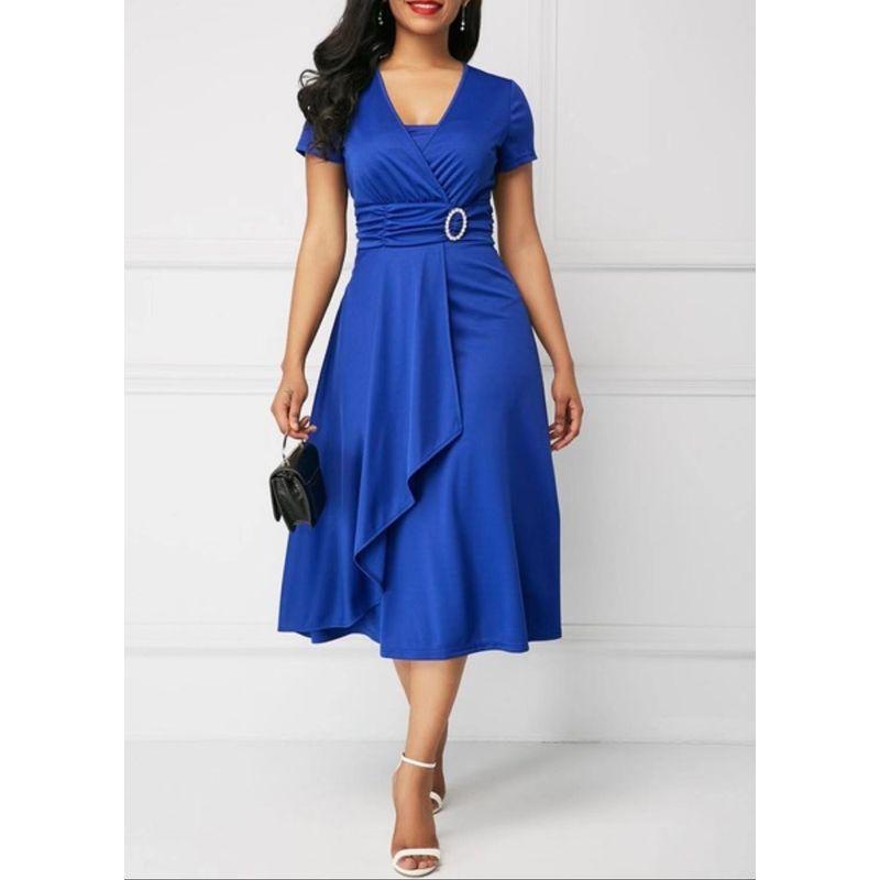 

Fashion Fashion Elegant Asymmetry Large Skirt V Neck Dress Blue S