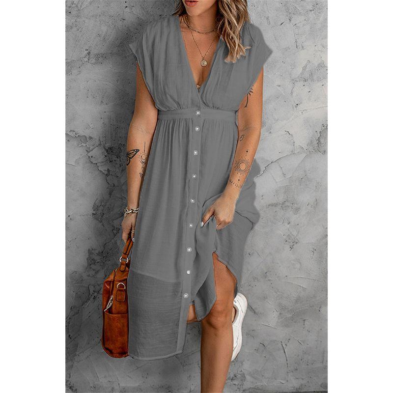 

Summer Women Gauzy Dresses Casual V Neck Ladies Skirt Waist-Controlled Skirt Dark gray 2XL