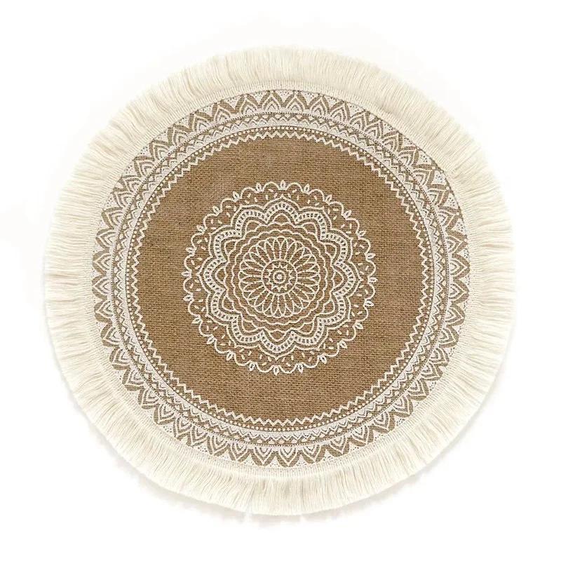 Boho Round Placemat 15 Inch,Farmhouse Woven Jute Fringe TableMats with Pompom Tassel Place Mat for Dining Room INS Table Decors