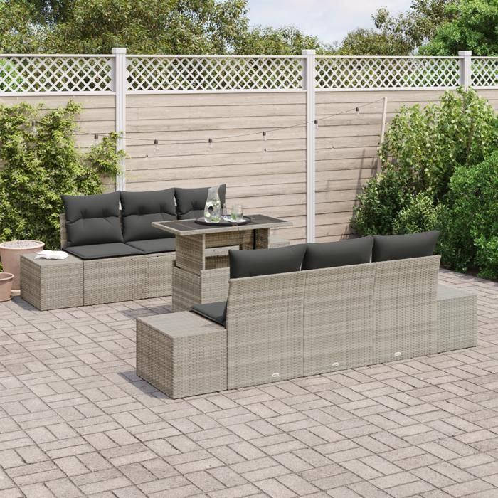 VidaXL Ensemble de salon de jardin 7 pièces avec coussins en poly rotin gris clair 3357845
