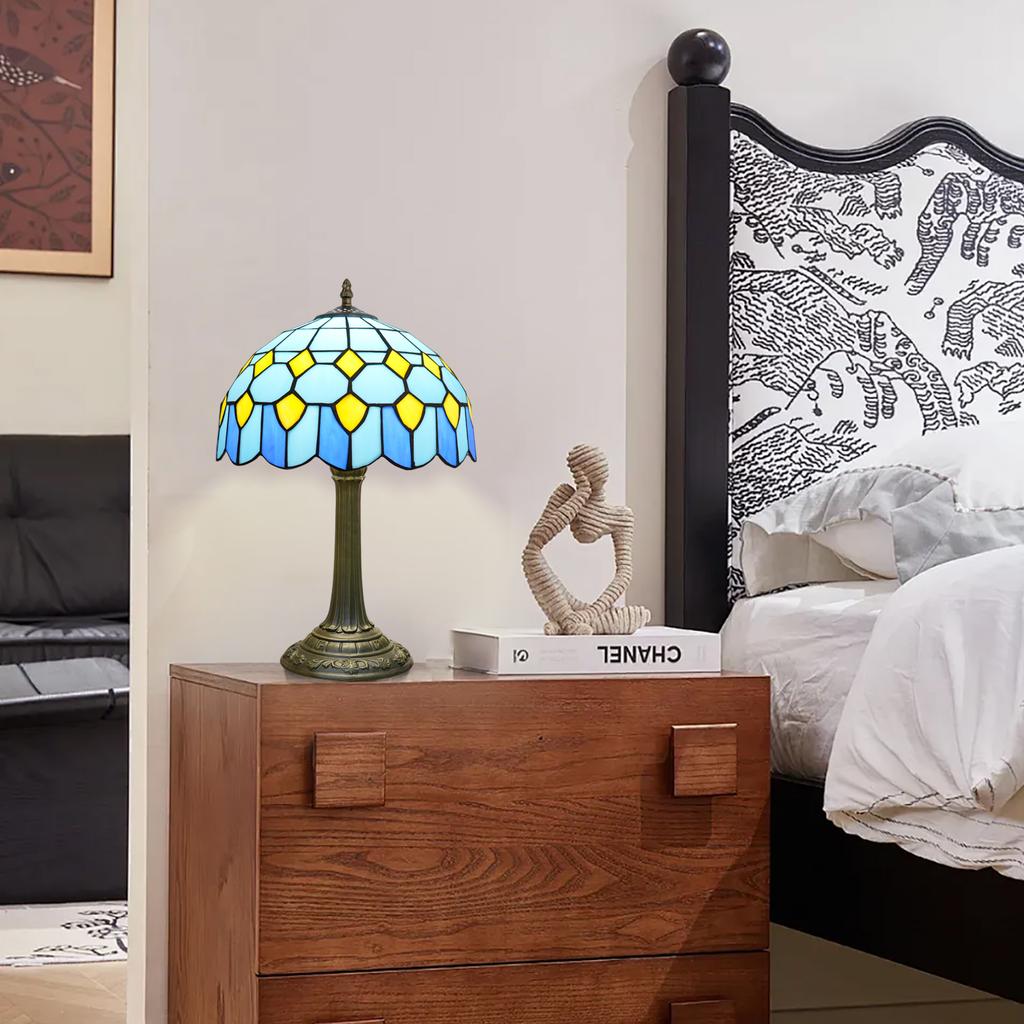 Blue Baroque Table Lamp Stained Glass Reading Desk Light for Bedroom Living Room, Handcrafted Artwork for Home Office