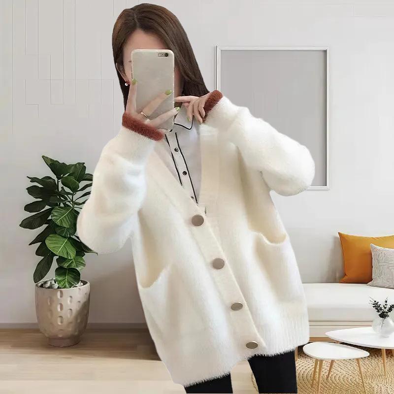 Fashion Casual Loose Imitation Mink Sweater Women's Autumn and Winter Temperament Elegant Wind Pocket Knitted Sweater Top Coat