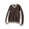 NODU Varsity Color Block Two-Way Round Zip-Up Knit Jacket [Brown]