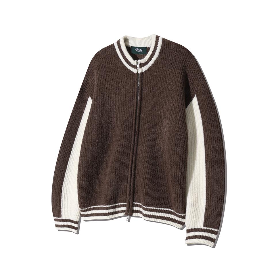 NODU Varsity Color Block Two-Way Round Zip-Up Knit Jacket [Brown]