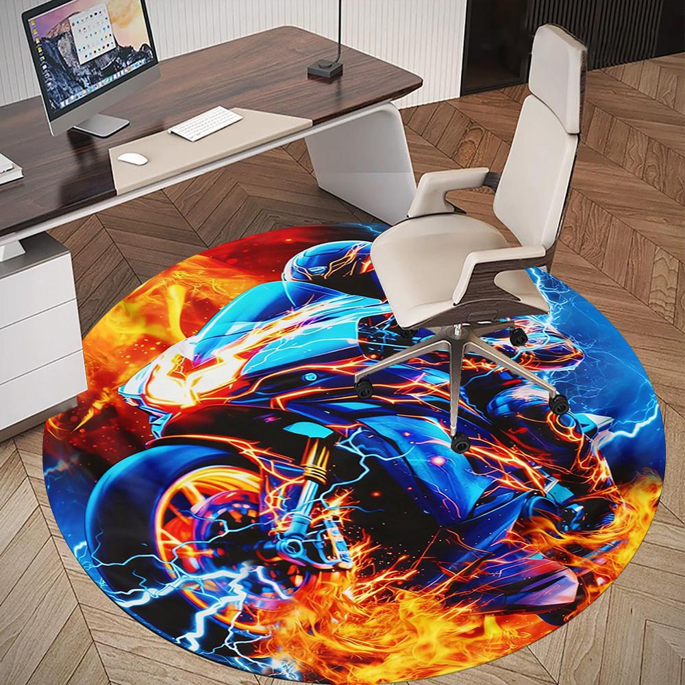 1PC Motorcycle Fire Round Chair mat Area Rug - Non-Slip, Floor Mat for Office, Bedroom, and Indoor Decor -Gift D1127229