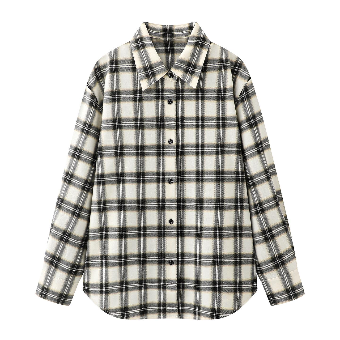 2026 Spring Retro Checkered Lapel Loose Long Sleeve Women s Shirt - MBF1SHT023 Large