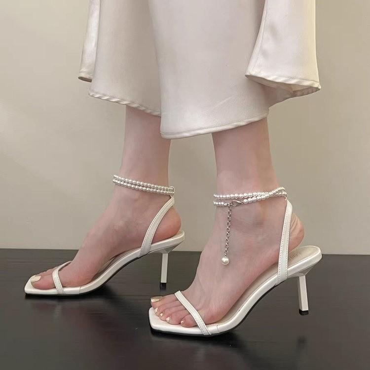 One word with sandals girl 2025 new summer fairy with skirt temperament fashion pearl chain stiletto high heels