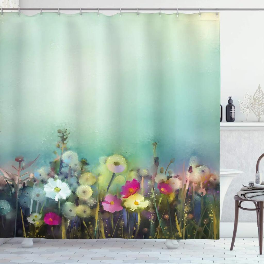 Red Poppy Flower Shower Curtain with Hooks, Washable Fabric, Bathroom Curtains, Floral