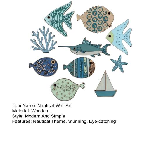 10 Pcs Wood Nautical Wall Decor Rustic Beach Theme Fish Starfish Sailboat Coral Wall Art Coastal Ocean Hanging Sculpture for Living Room Bedroom