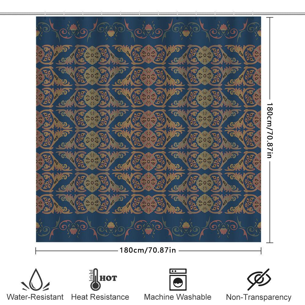 Blue Floral Pattern Shower Curtain With Metal Hook For Bathroom Decoration